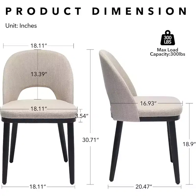 Wooden Dining Chair, Upholstered Kitchen Dining Room Chair, Modern Linen Fabric, High Back, Beige