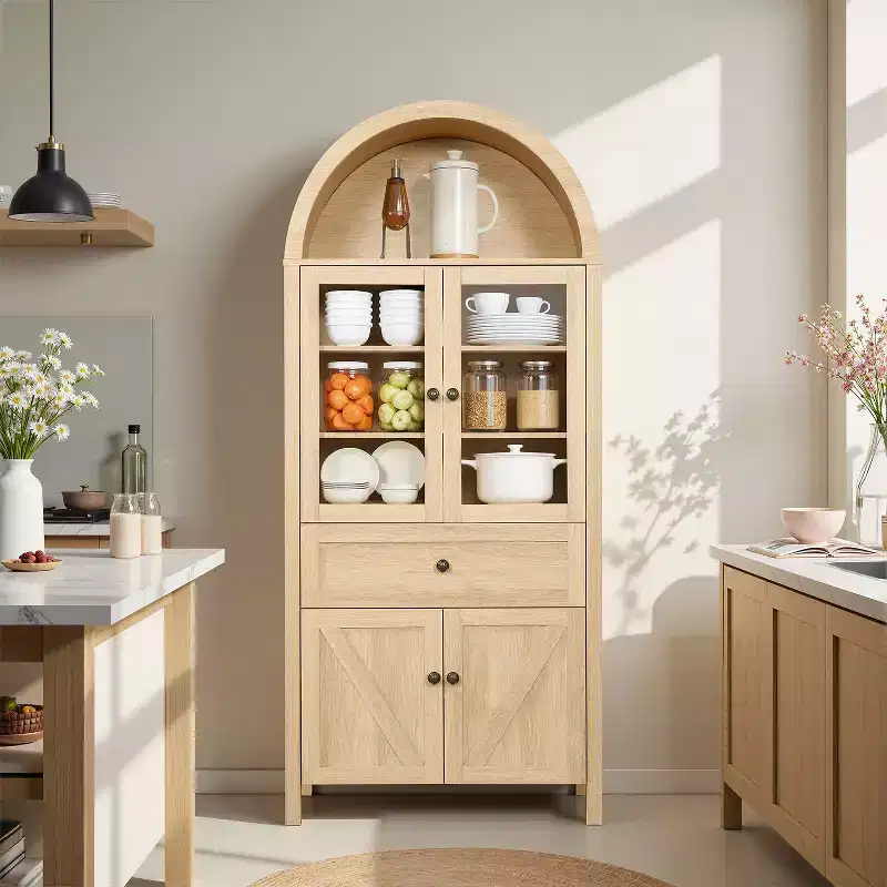 Dome Kitchen Pantry Cabinet, Tall Cabinet with Drawer & 4 Doors, Versatile Cupboard for Living Room Dining Room