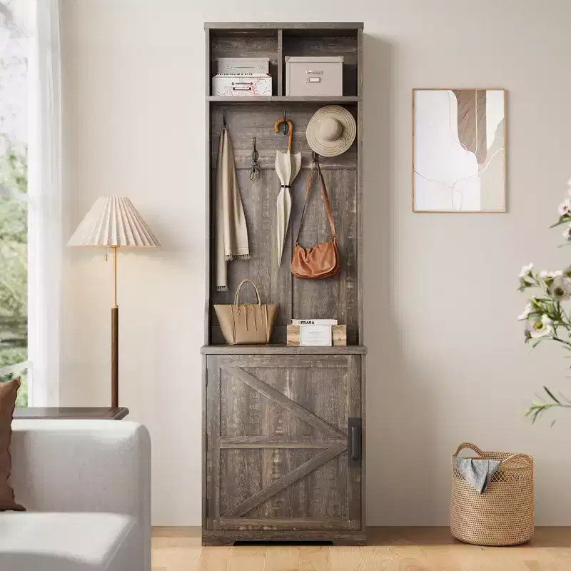 4-in-1 Hall Tree, Entryway Bench with Coat Rack, Mudroom Bench with Storage Cubbys and 4 Hooks for Hallway