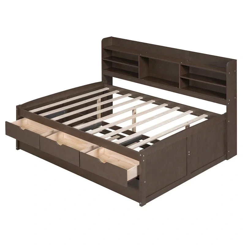 Full Pine Captain Bed with Shelves, Drawers & Trundle