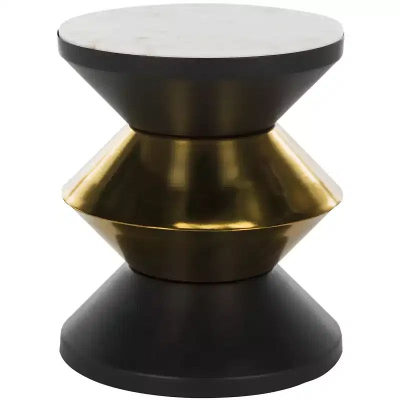 Round Stone Top Side Table with Black & Gold Hourglass Base, Modern Sculpture Accent
