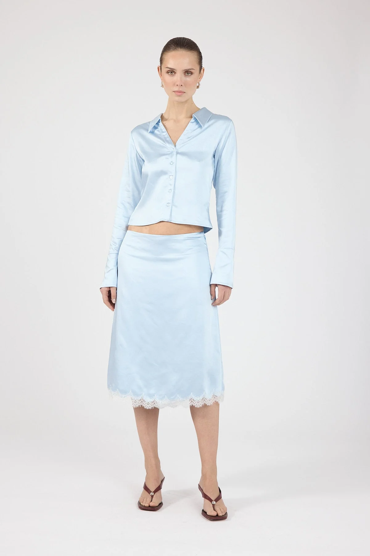 Satin Lace Midi Skirt Blue/White