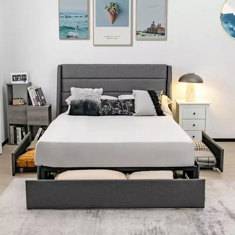 Costway Platform Bed Frame with 3 Storage Drawers Mattress Foundation Grey