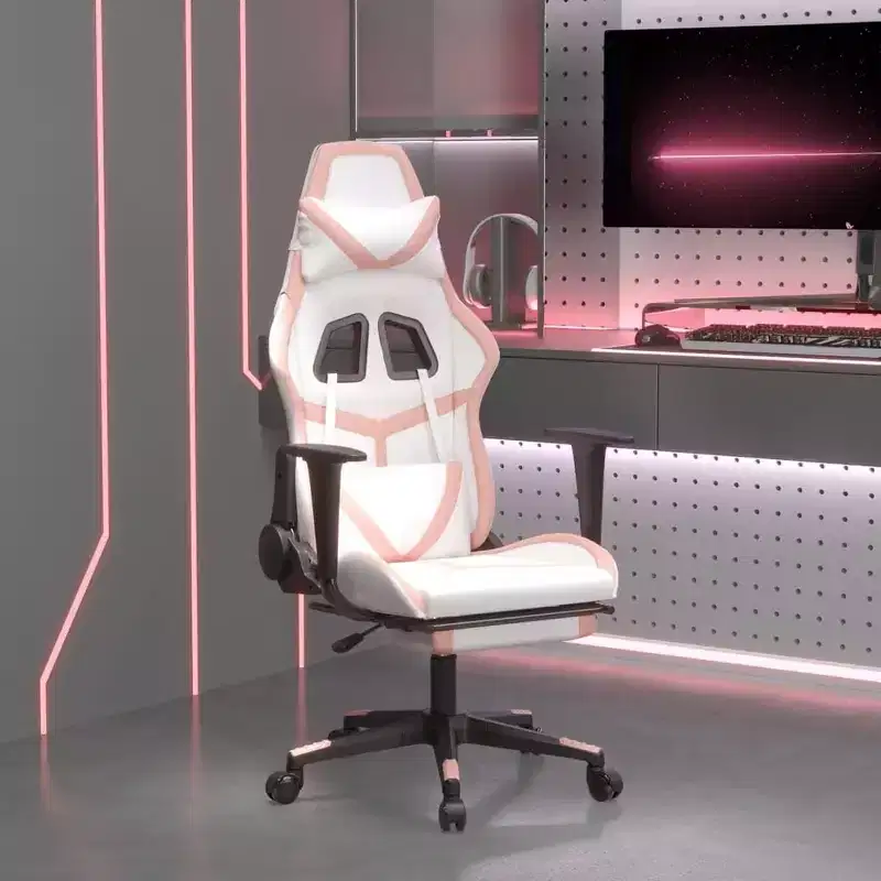 Gaming Chair with Footrest, White and Pink, Faux Leather
