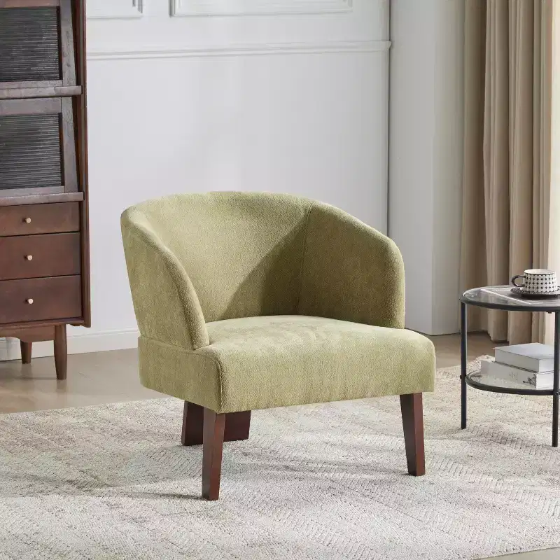 Modern Accent Chair with Round Back and Wooden Legs, Soft Fabric Upholstery, for Living Room or Office