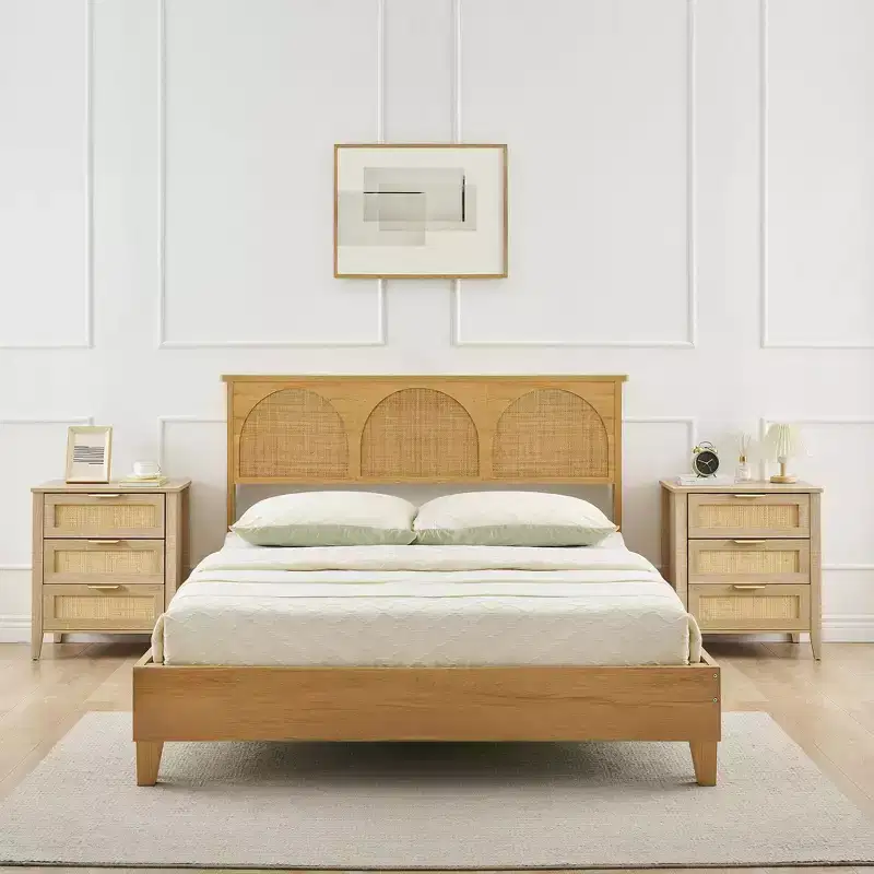 Natural Rattan Nightstand Set of 2 C Boho 3-Drawer Bedside Tables for Small Spaces/Bedroom