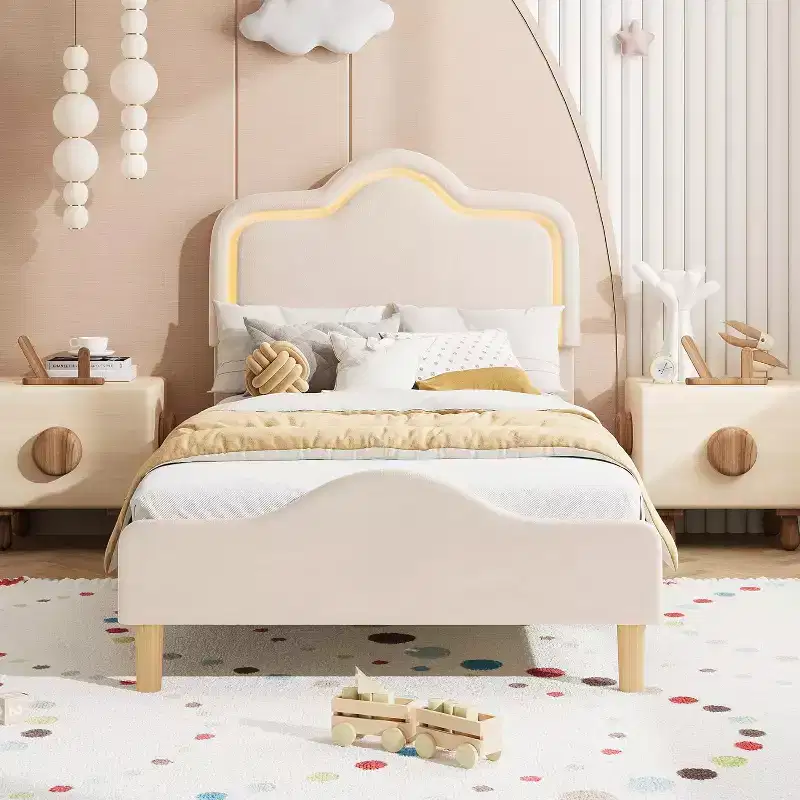 Beige/Pink/Gray Upholstered LED Bed Frame with Adjustable Headboard, Velvet Princess Platform Bed for Girls with Wooden Slat Support, Easy Assembly