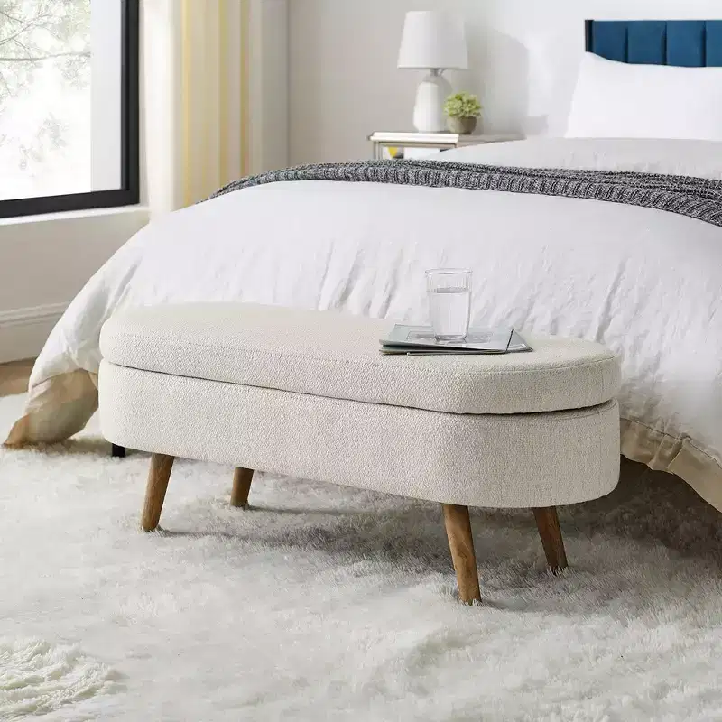 Storage Ottoman Bench, Gray Linen 43.5x16x16 White Upholstered Wood Legs Safety Flip Top Oval Foot Rest Long Couch Hinge Flip Stool for Living Room