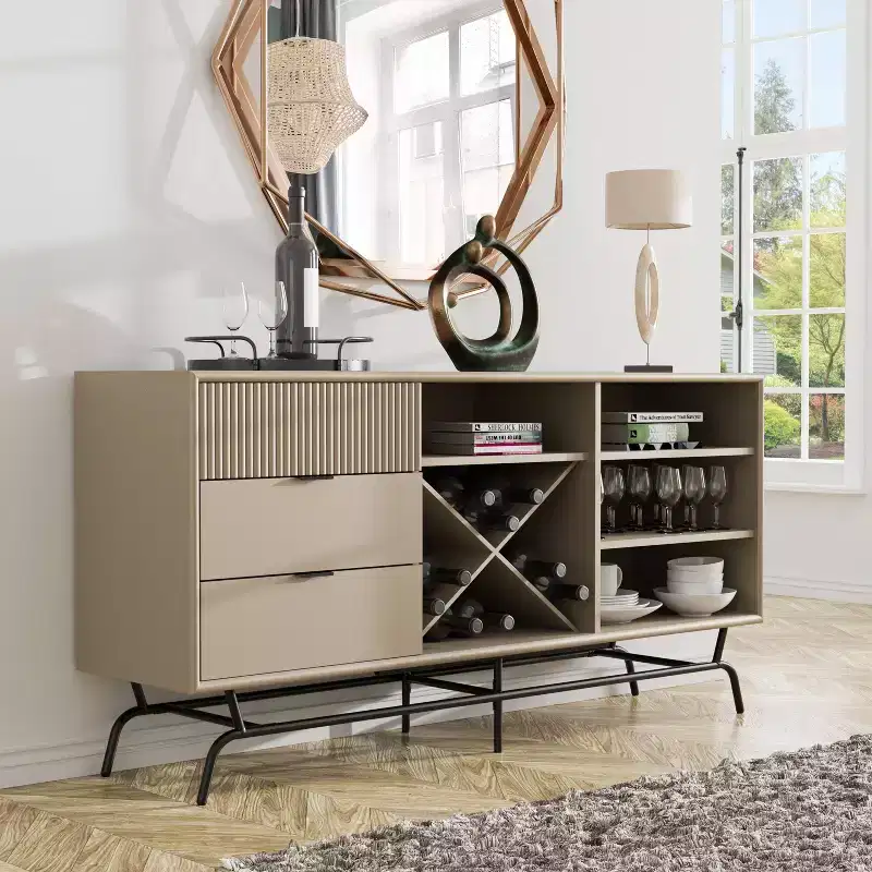 Heath 60 Modern Buffet with Wine Cabinet Taupe - miBasics: Storage Console, 3 Drawers, 4 Fixed Shelves