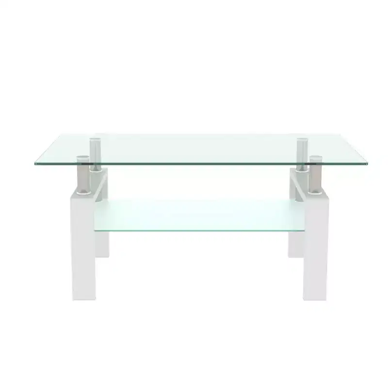 Rectangle Glass Coffee Table, Coffee Table with Double Storage Space, Metal Tube, Mid Century Modern End Table for Living Room