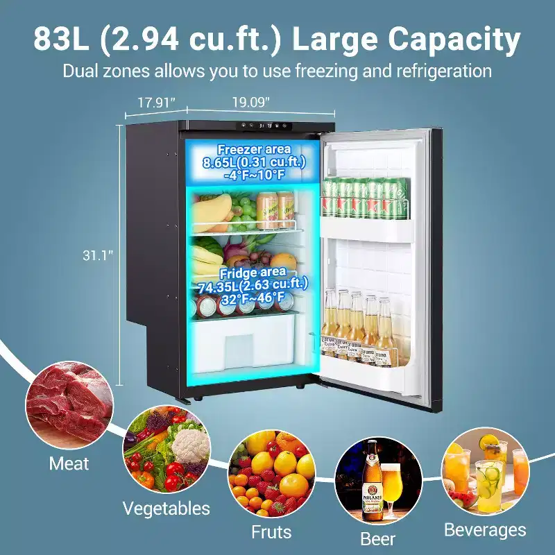 65L RV Refrigerator, 12 Volt Dual Zone Fridge and Freezer, WIFI APP Control Portable Fridge with Door Lock,3 levels (H/M/L) of battery protection