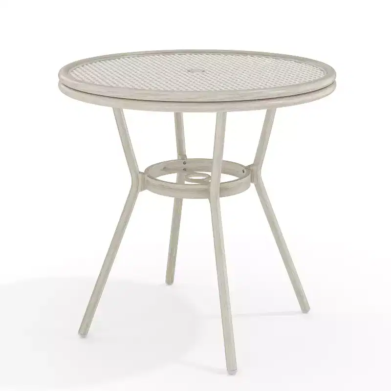 Martha Stewart Lily Pond 31 Round Indoor-Outdoor Bistro Dining Table with Woodgrain Aluminum Finish Frame and Woven Rattan Tabletop