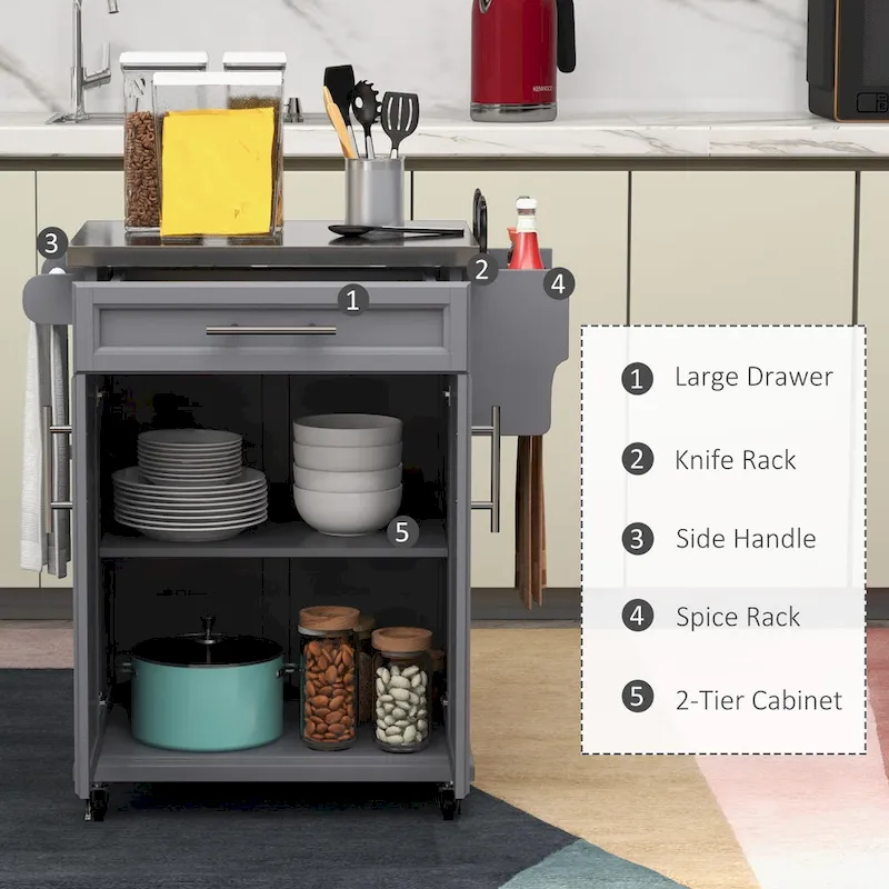 Kitchen Island on Wheels, Rolling Kitchen Cart with Stainless Steel Countertop, Drawer, Towel Rack and Spice Rack