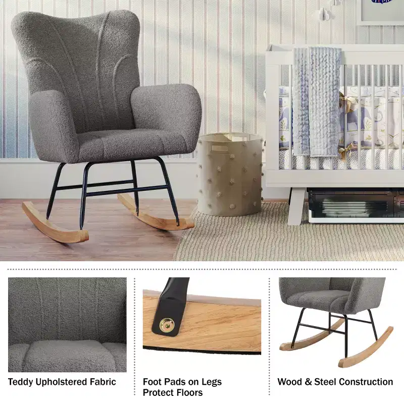 Rocking Chair Teddy Fabric Upholstered Chair Ergonomic Modern Rocker