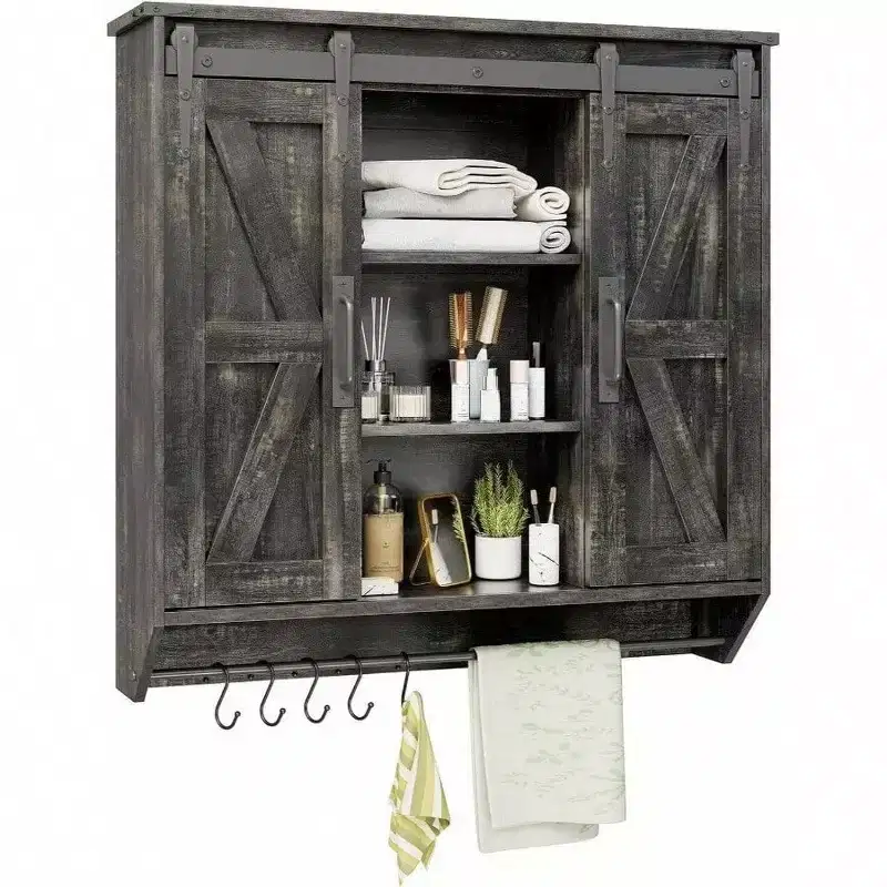 Farmhouse Cabinet 2 Sliding Barn Doors 3 Tier Rustic Wood Wall Storage Cabinet Adjustable Shelf Towel Bar Wall Mounted Bathroom
