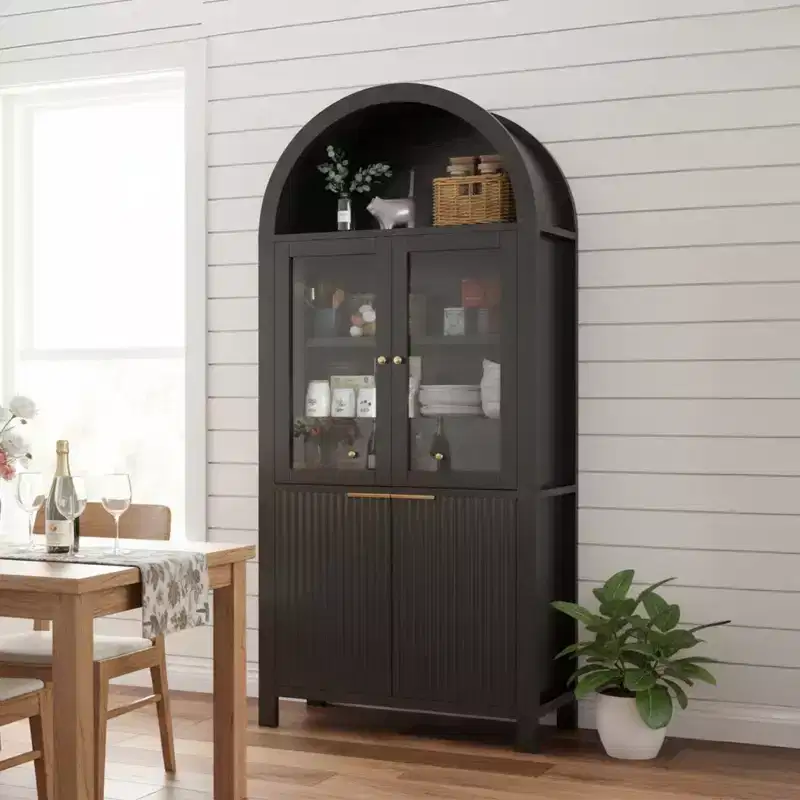 71 Fluted Tall Arched Pantry Cabinet with Adjustable Shelves, Elegant Display Storage with Hidden Drawer & Glass Door