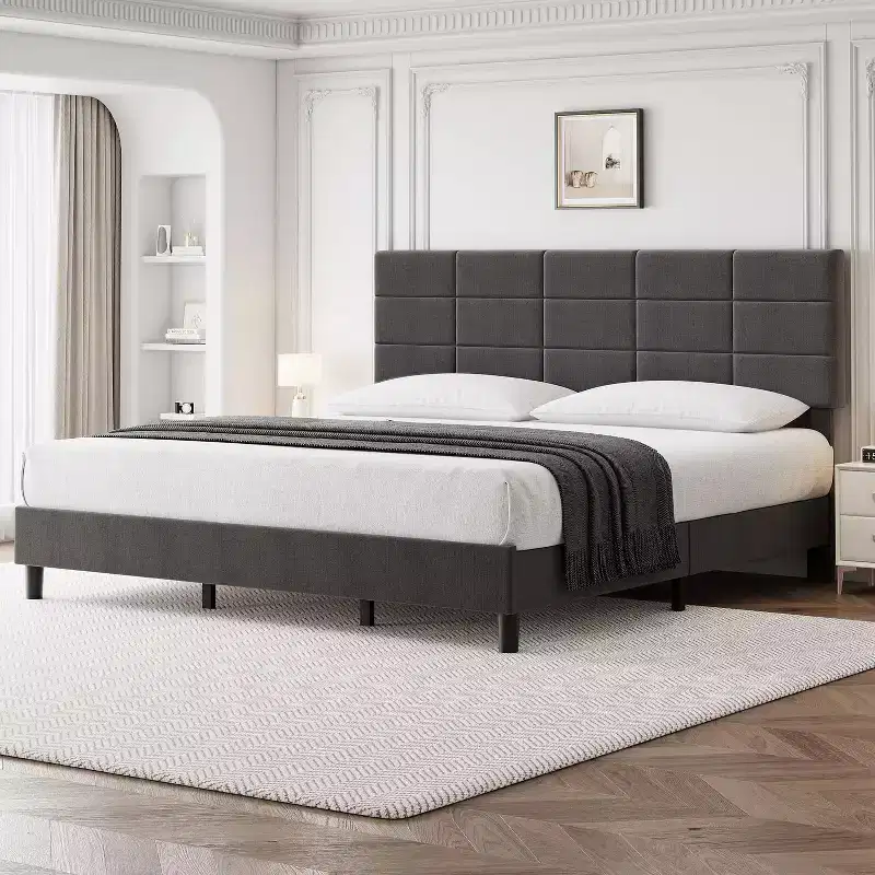 DobleePy King Size Bed Frame, Grey, No Box Spring Needed, Heavy Duty, Strong Bearing Capacity, Noise-Free, Adjustable Headboard, Easy Assembly