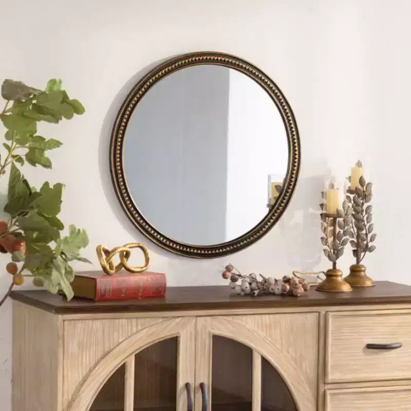 Round Wall Mirror with Vintage Gold Beaded Frame for Living Room or Bedroom