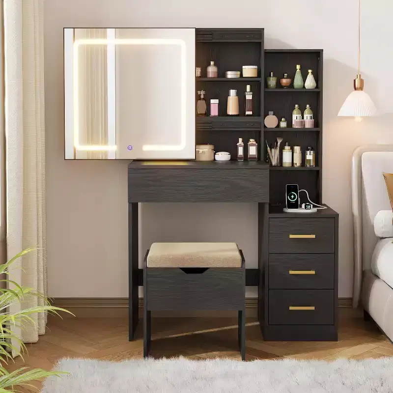 DobleePy Modern Vanity Desk with Sliding Mirror & LED Lights, 4 Drawers, 7 Shelves, Charging Station & Stool, Makeup Dressing Table for Bedroom