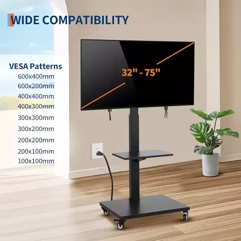 Mobile TV Cart Height-Adjustable Rolling Stand with Locking Casters for 32-75 inch TVs, Swivel/Tilt Base & Open Shelf
