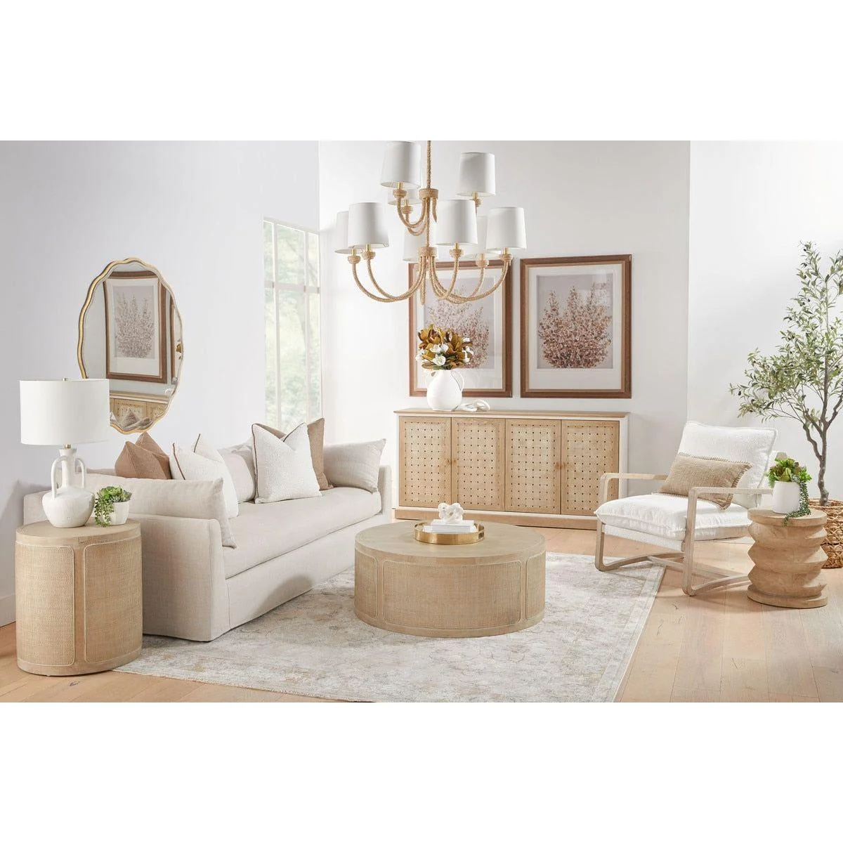 Rustic Cane & Oak Wood End Table with Round Top & Smoke Gray Antiqued Finish for Living Room