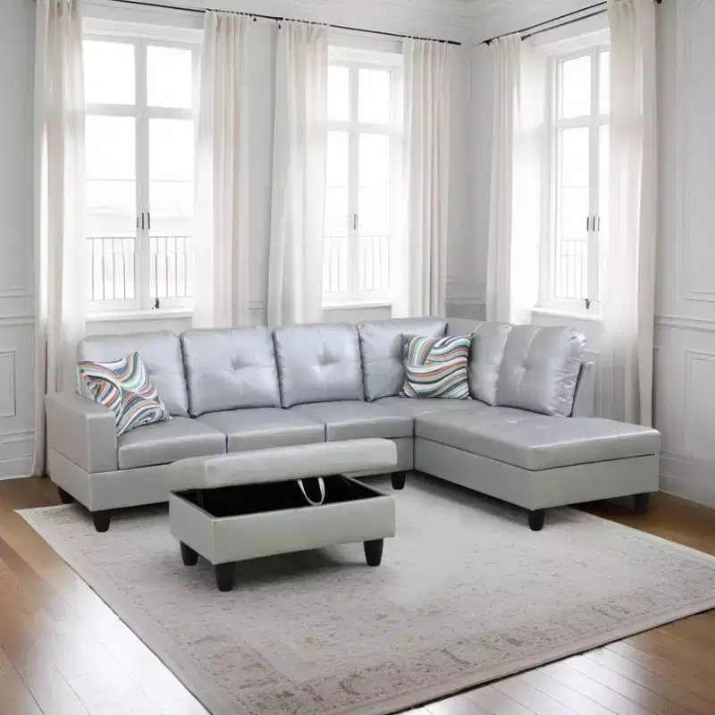 Light Grey Semi-PU Leather L-Shaped Sectional Sofa with Storage Ottoman