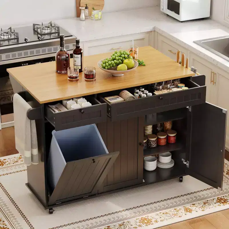 Rolling Kitchen Island Carts with Storage, 55 Wide Island Table on Wheels with Spice Rack, Towel Rack, Knife Holder and Trash Can Storage