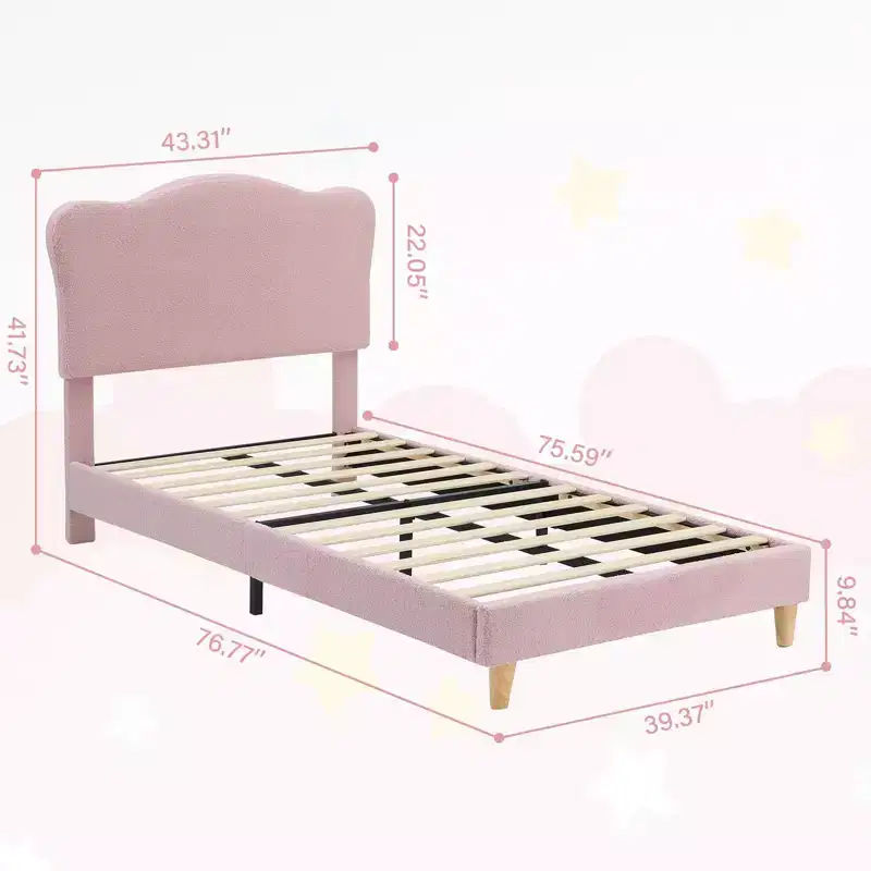 Upholstered Twin Size Bed Frame for Kids with Scallop Headboard, Cute Velvet Twin Bed for Girls, Boys, Sturdy Platform Bed, Pink