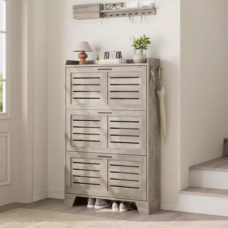Acekool Flip Drawer Shoe Cabinet with Adjustable Shelves & Louvered Doors, Entryway Organizer with Hooks