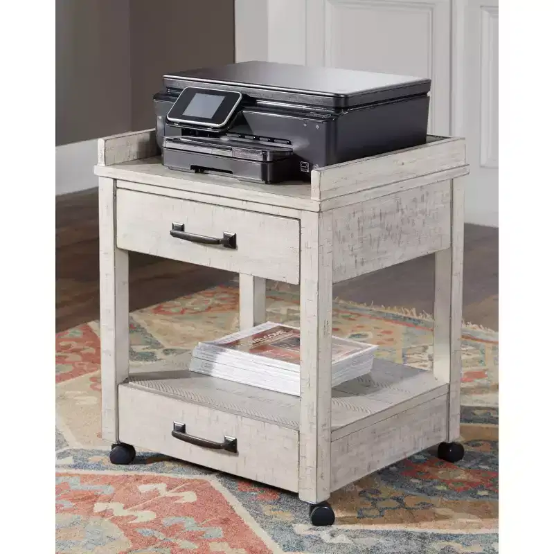 Carynhurst Printer Stand Beige - Signature Design by Ashley: Mobile Cart, 2 Drawers, USB Ports
