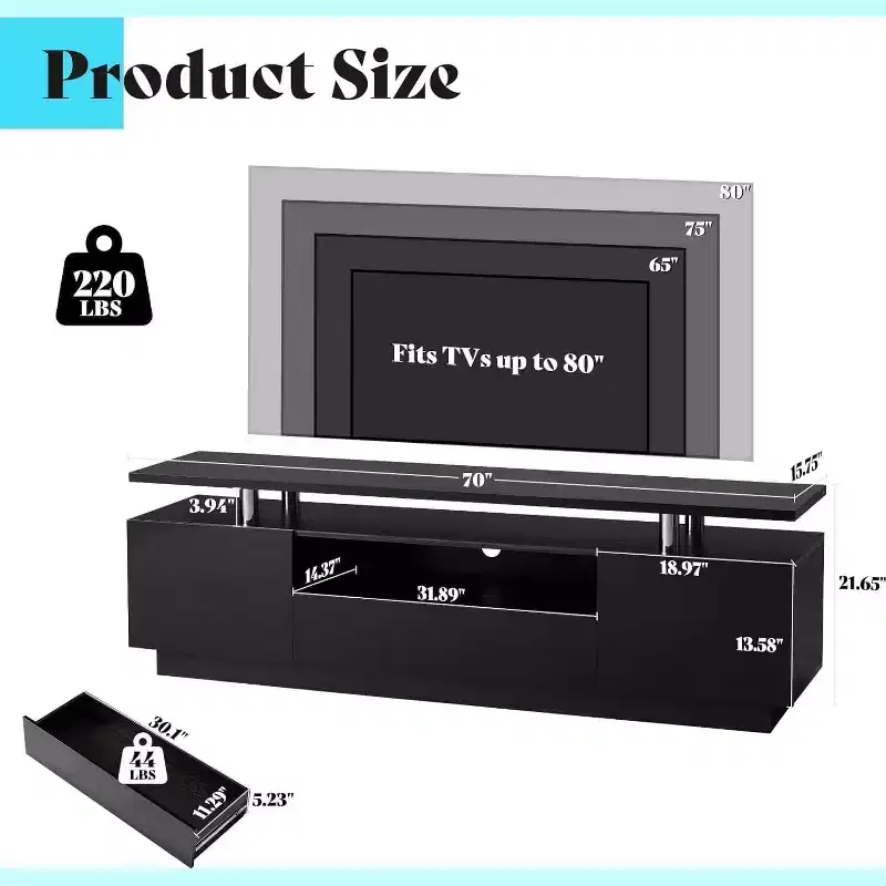 AMERLIFE 70 High Gloss TV Stand with LED Lights, Storage Cabinet & Shelf, Fits 80 TVs