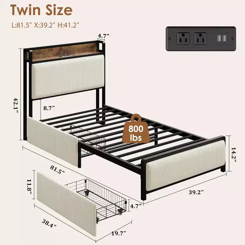 Bed Frame with 2 Storage Drawers and Charging Station, Rustic Linen Upholstered Platform Bedframe with Storage Headboard,