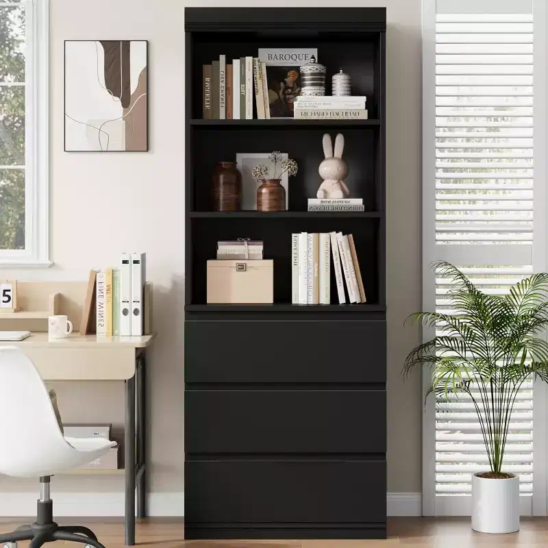70 inch Industrial Bookshelf with Drawers, Bookshelf and Bookcase with 3-Tier Open Shelves, Farmhouse Tall Bookcase for Living Room, Office