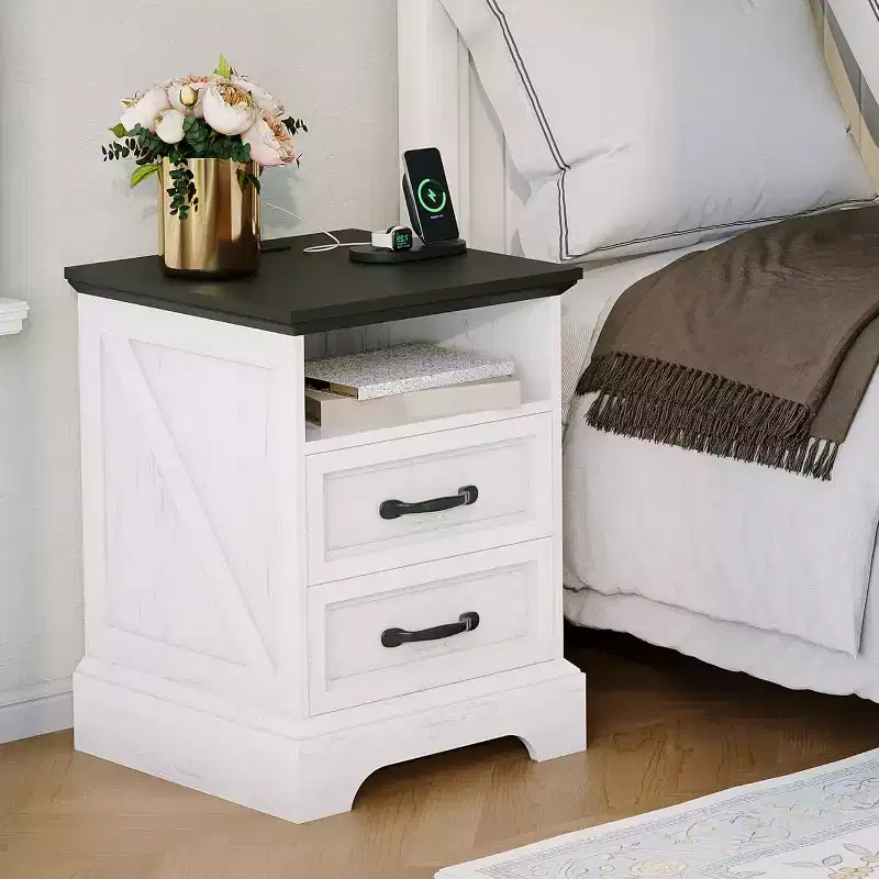 Farmhouse Rustic Nightstands with Charging Station, Modern Wood Night Stands Bedside Tables with 2 Drawers, White Accent Side Tables for Living Room