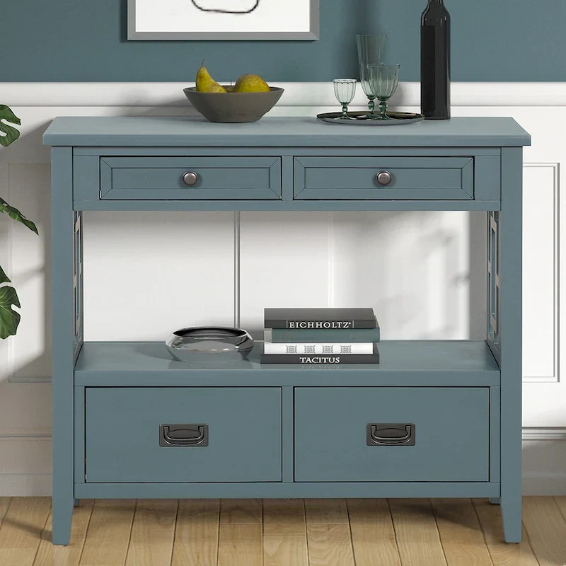 36 Farmhouse Pine Wood Console Table Entry Sofa Table with 4 Drawers & 1 Storage Shelf