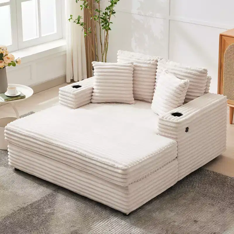 54 Oversized Chaise Lounge Chair, Upholstered Sleeper Sofa Bed with 4 Pillows & Cup Holder, Corduroy Comfy Sofa Couch for Living Room Bedroom
