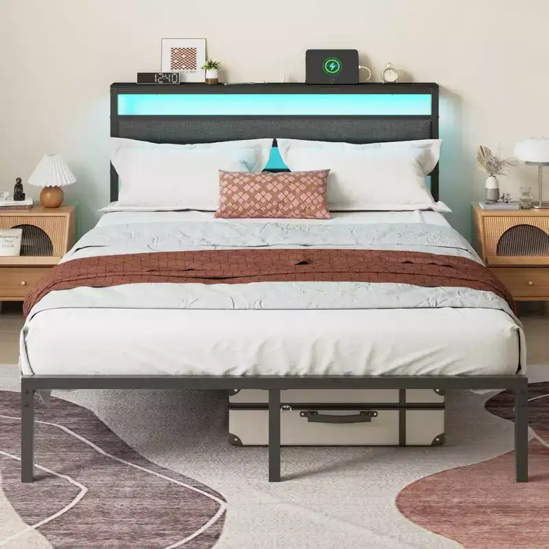 Queen Size Metal Platform Bed Frame Storage Headboard LED Lights Charging Station USB Ports Black Heavy Duty Support No Box Spring Needed Bedroom