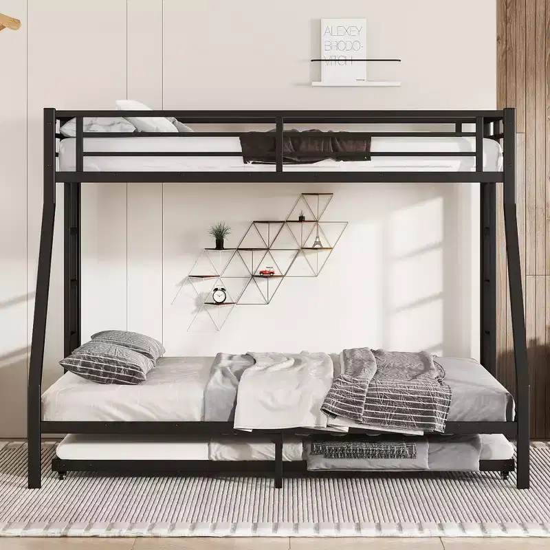 Twin XL Over Queen Metal Bunk Bed with Trundle, Heavy Duty Triple Bed Frame, Ladders & Guardrails, Noise-Free, Black