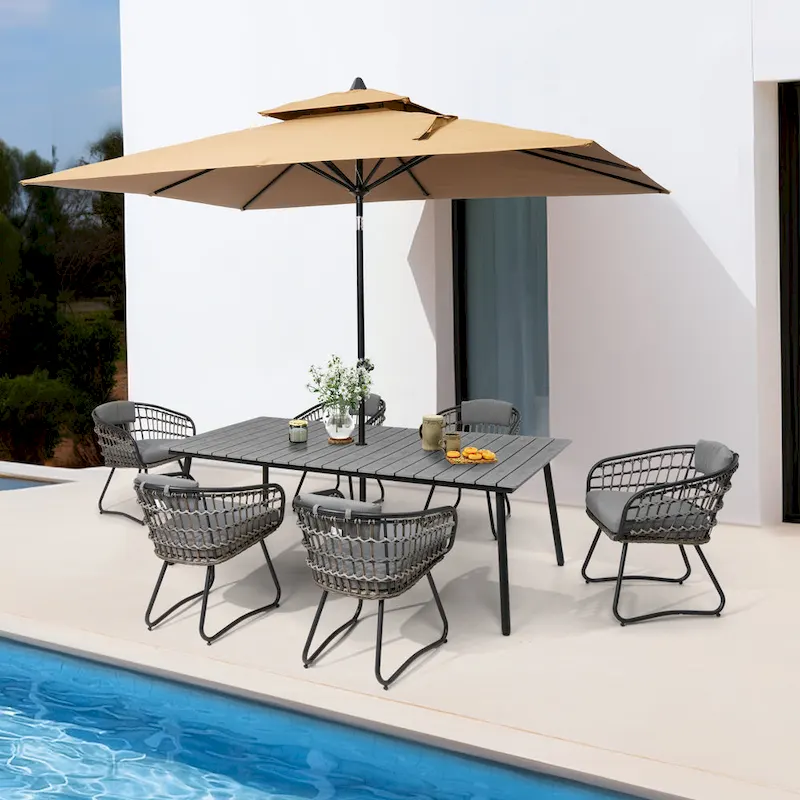 Outdoor 7 PC- Patio Rectangular Aluminum Dining Table Set with Umbrella Hole with Rattan Chair