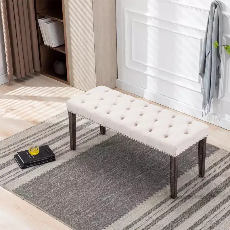 Velvet Tufted Upholstered Bench with Wooden Legs
