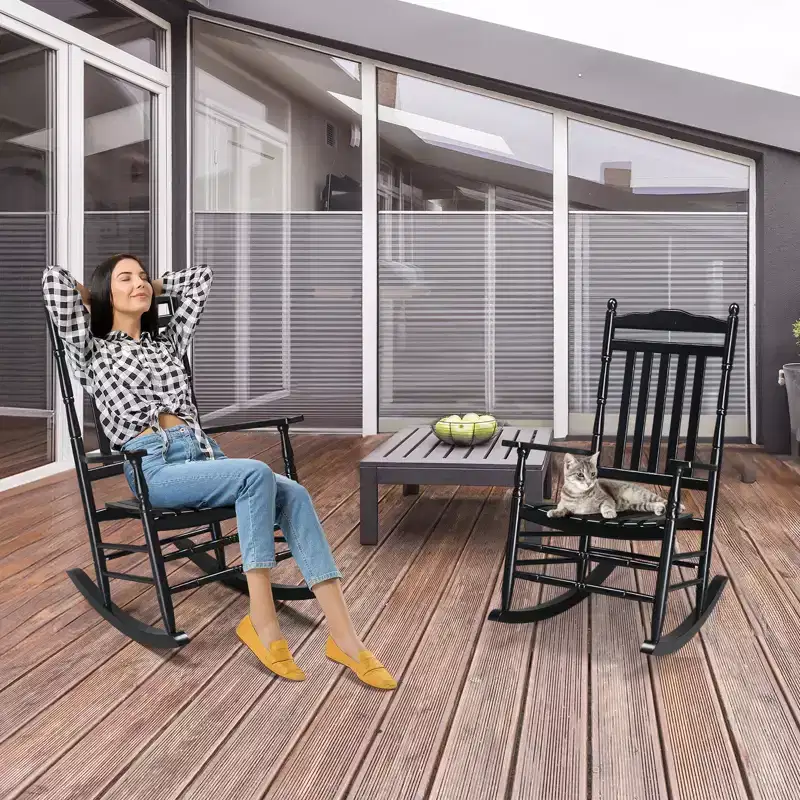 Karl Home | Lathe-Turned Solid Wood Patio Rocking Chairs (Set of 2)