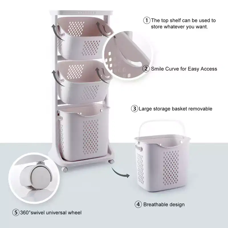 4-Tier Laundry Basket Sorter, Rolling Laundry Storage Organizer with Removable Wheels, Bathroom Dirty Clothes Cart, White