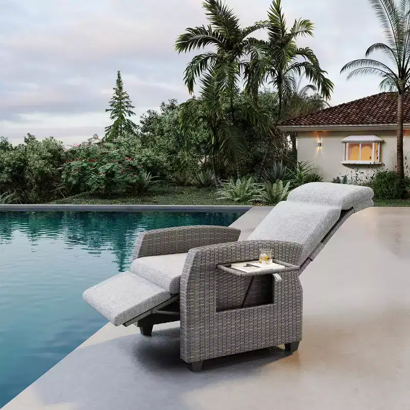 Indoor Outdoor Wicker Recliner Chair with Flip-Up Table Air Pump 155 Lay Flat, Adjustable Wicker Lounge Recliner Chair with Backrest and Footrest