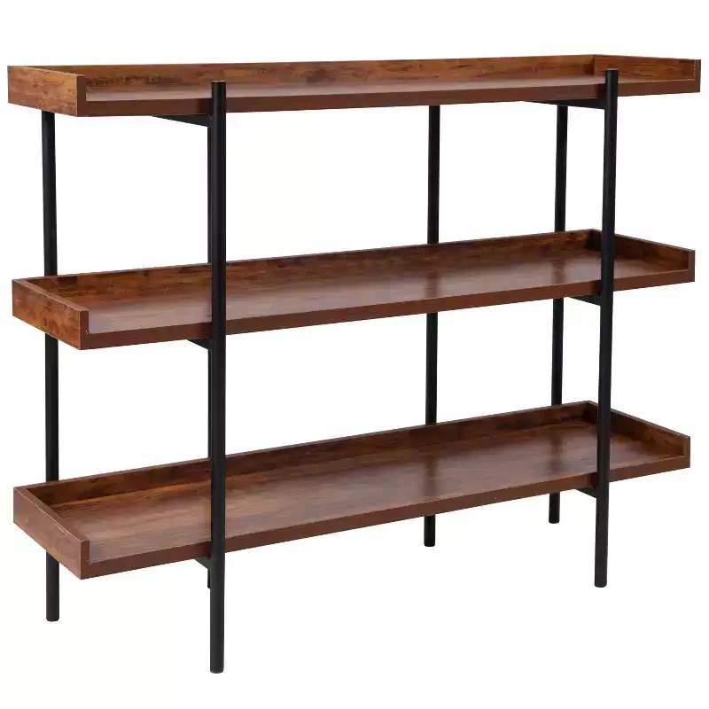 Flash Furniture Mayfair 3 Shelf 35H Storage Display Unit Bookcase with Black Metal Frame in Rustic Wood Grain Finish