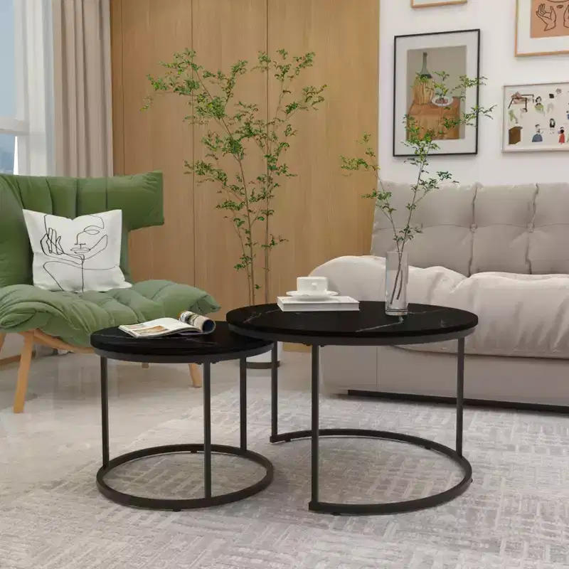 Set of 2 Nesting Coffee Table Round End Table Marble Side Table,Black/White/Brown
