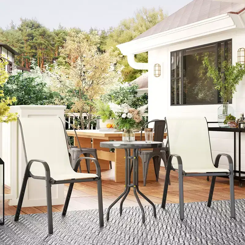 3 Pieces Bistro Set, Small Patio Furniture Set with Stackable Chairs and Glass Table for Backyard, Balcony