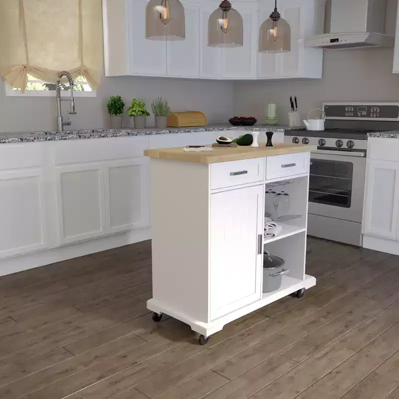 Rolling Kitchen Island with Storage - White