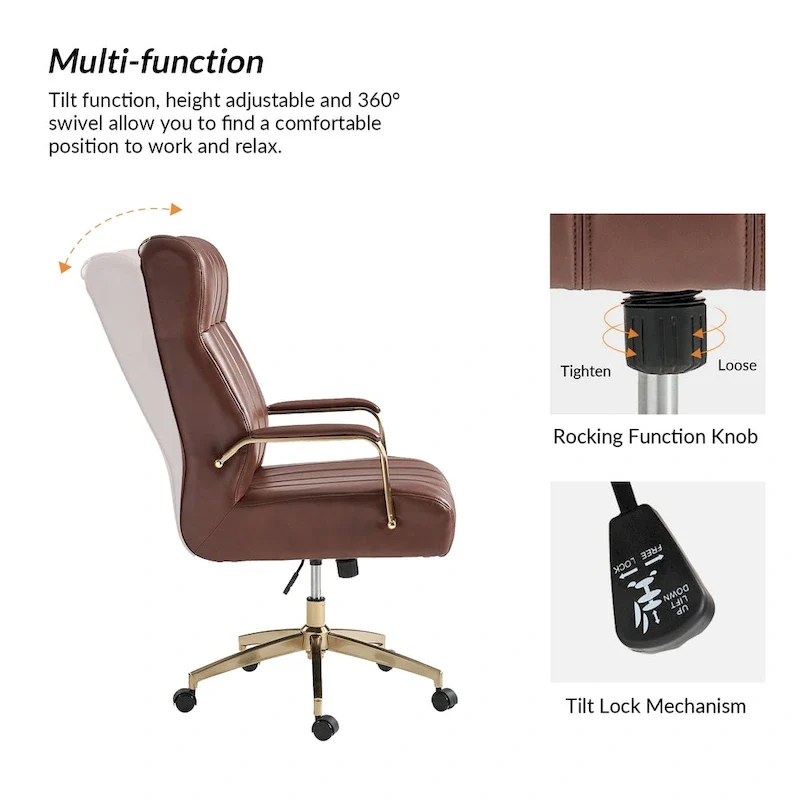 Mid-Century Modern Vegan Leather Swivel Tilting Office Chair with Channel Tufted and Metal Feet