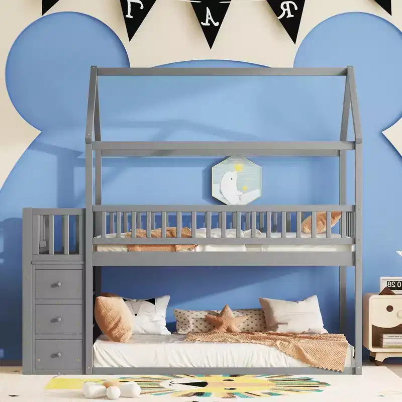Twin Over Twin House-Shaped Bunk Bed with Shelves, Drawers and Fence Guardrails