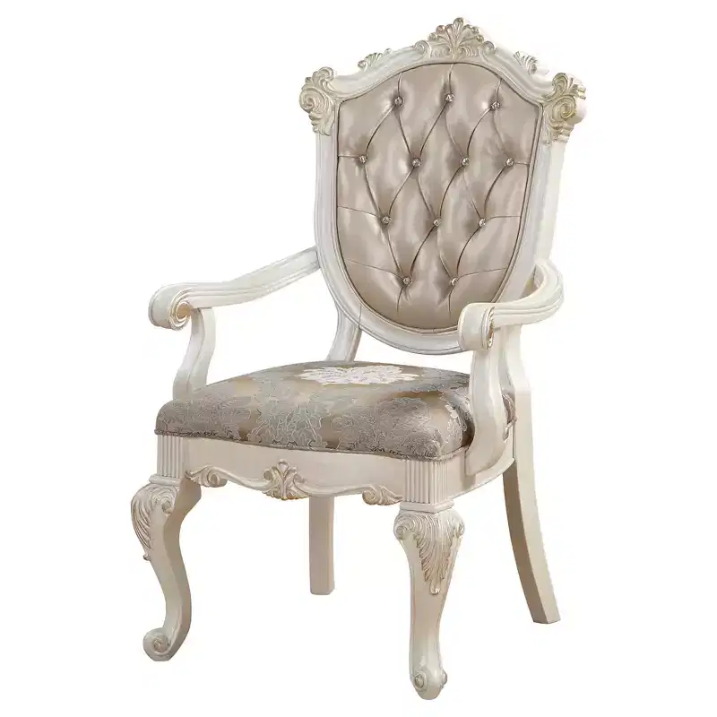 Set of 2 Chantelle Arm Dining Chair Pearl White/Rose Gold - Acme Furniture: Mirror Trim, Faux Leather, Poplar Wood
